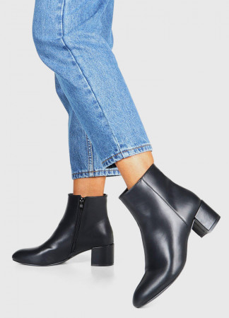 Black Leather-Look Chunky Block Heel Sock Boots