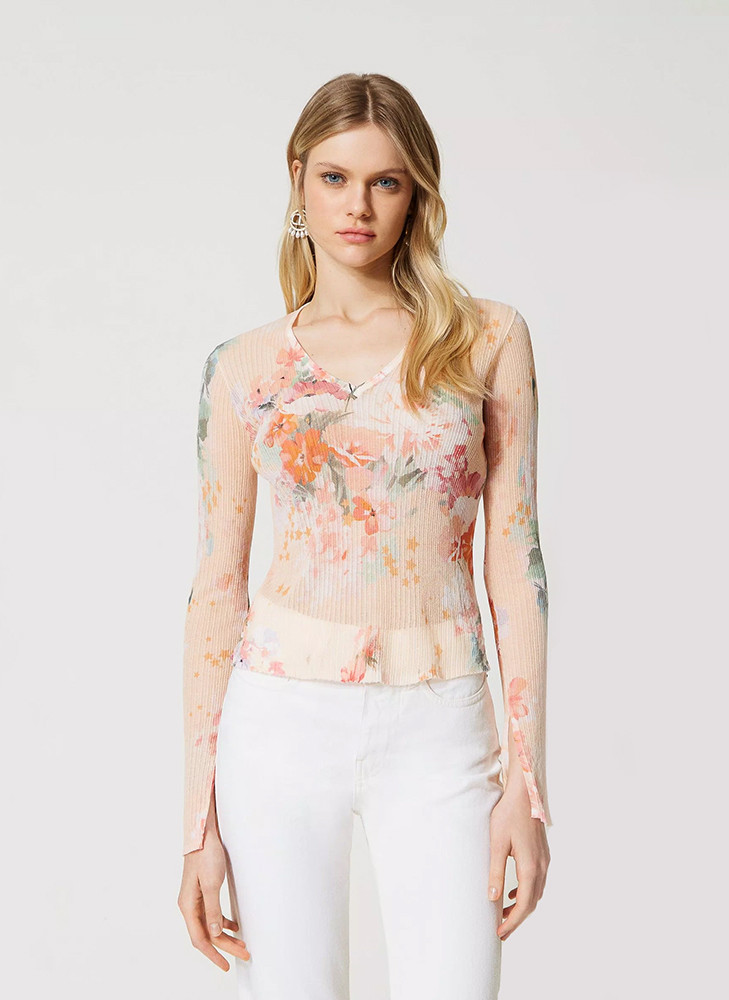 Flower printed cotton blend top