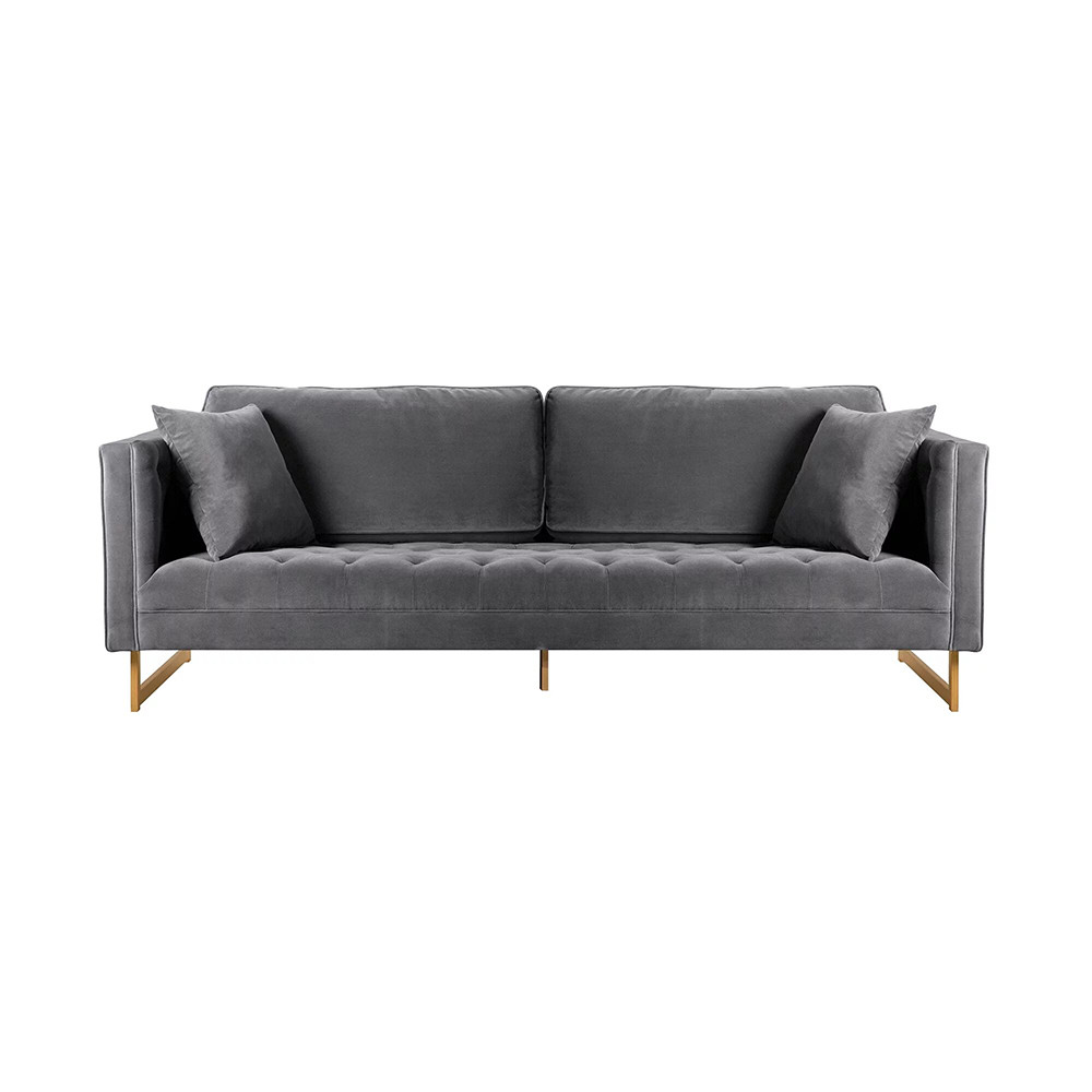Modern Velvet Metal Wood Sofa in Gray Antique Brass