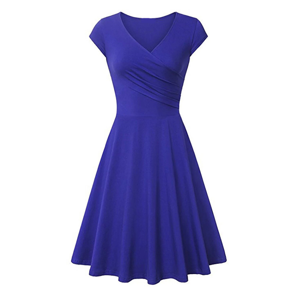 Summer Solid Color Dress Wrap V Neck Short Sleeved Dress