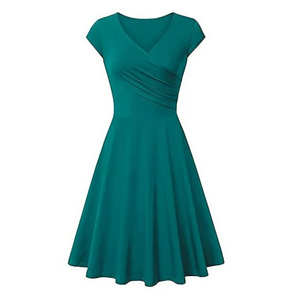 Summer Solid Color Dress Wrap V Neck Short Sleeved Dress